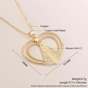 Detailed view of hollow heart Virgin Mary pendant with gold-plated brass and AAA zircon stones