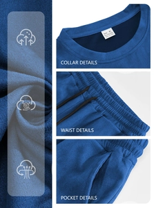 Detail view of round neckline, drawstring waist and side pocket on blue sports set