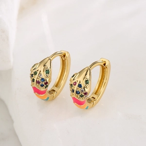Mini snake-shaped earrings with 18K gold plating, colorful zircon, and enamel finish