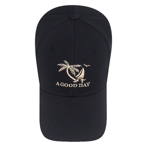Unisex black cotton baseball cap with yellow palm tree embroidery and A Good Day text
