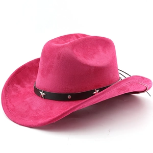 Detail of rose red cowboy hat featuring black leather band with silver star metal studs