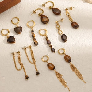 Golden stainless steel earring set featuring brown tiger eye stones in various designs