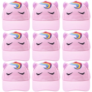 Bulk display of pink unicorn baseball caps for kids with rainbow hair and glitter ears