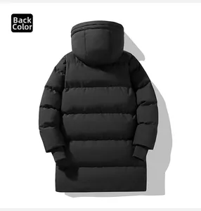 Detailed back view of a men's long hooded puffer coat with wide quilted patterns