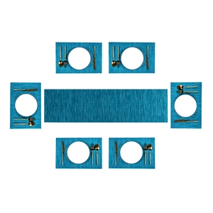Blue woven PVC placemat set with matching table runner for dining table decor