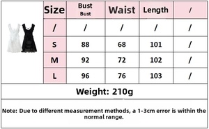 Detailed size chart for women's elegant dress with measurements in centimeters
