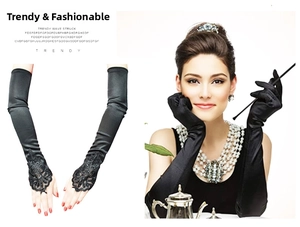 Long black satin dress gloves with sequins embroidery and fingerless hook design