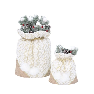 Linen Christmas gift bags with snowflake print, gold drawstrings and pine cone decor