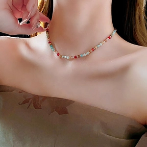 Colorful handmade crystal beaded necklace with minimalist bohemian style for women