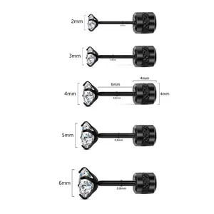 Tableau des tailles de boucles d'oreilles en acier noir avec zircons de 2mm à 6mm