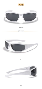 Three-way view of white Y2K sports sunglasses with dark lenses and streamlined frame
