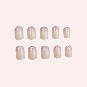 Faux ongles dégradés roses avec paillettes argentées, forme carrée ovale, 10 pièces