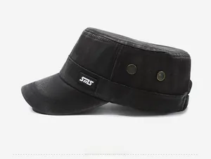 Close-up of vintage washed grey cadet cap with side SMS patch and metal eyelets