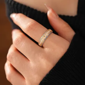18k gold plated ring with blue enamel and fleur-de-lis worn on finger in luxury setting