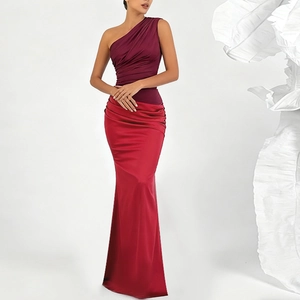 Robe De Soirée À Une Épaule Satin Froncé Maxi Sirène Bicolore Moulante Fête Mariage Invité Bal Pour Femmes