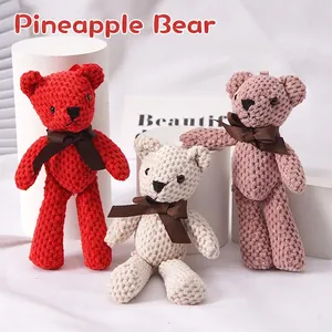 Knitted Teddy Bear Plush Toy Pendant Pineapple Texture Soft Animal With Ribbon Bow For Bag Keychain Accessory Gift