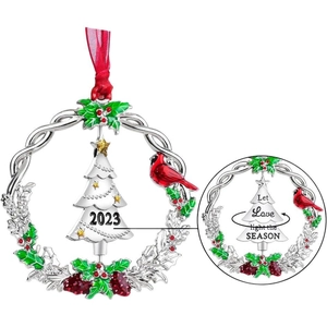 2023 Christmas silver wreath metal ornament with red birds and festive inscriptions