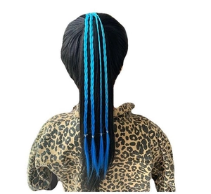 Detail view of colorful blue braided pigtail hair extensions on girl's ponytail