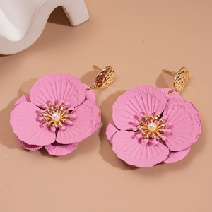 Elegant pink flower stud earrings with pearl centers and gold metal accents for women