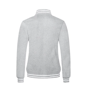 Back view of gray baseball jacket featuring ribbed stand collar and white striped trims