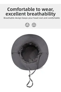 Detail of gray outdoor hat showing breathable mesh lining and adjustable chin strap