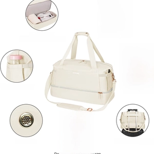 Beige travel gym bag with USB port, shoe compartment and multi-pocket layout