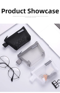 Nylon mesh pouches in black, grey, and white for stationery and small items