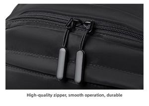 Detailed close-up of smooth dual zippers on a black business laptop backpack