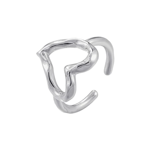 Detail of silver irregular hollow heart open ring with liquid lava metallic texture