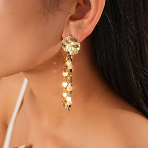 Close-up of gold layered sequin tassel earrings on model showing metal texture and shine