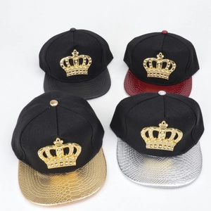 Hip hop snapback caps with metallic snakeskin brims and rhinestone crown metal badge