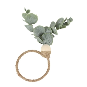 Frosted faux eucalyptus leaf napkin ring with natural wood bead and jute rope weave