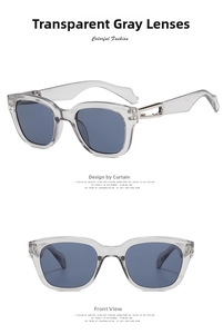 Detail view of stylish square sunglasses with transparent grey frames and silver metal trim