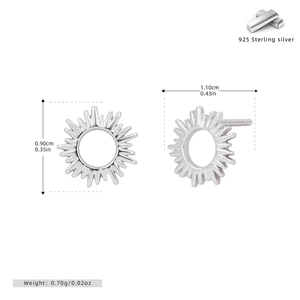 Detail view of 925 sterling silver sun stud earrings with dimensions and weight specs