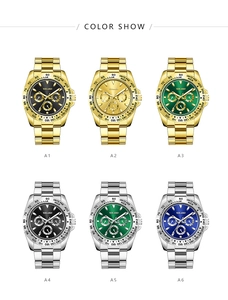 Catalog view of chronographs in gold and silver steel with assorted dial colors
