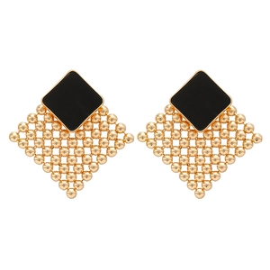 Statement geometric woven rhombus earrings with black square studs and gold bead mesh