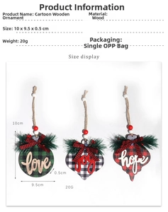 Detailed size view of wooden LOVE Christmas tree ornaments with buffalo plaid pattern and bow