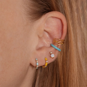 Detailed view of S925 silver earring set with blue oil drip and opal stone on model