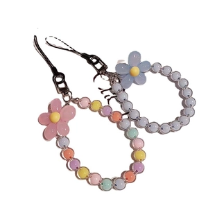 Handmade beaded phone strap with macaron flower charms and colorful acrylic beads