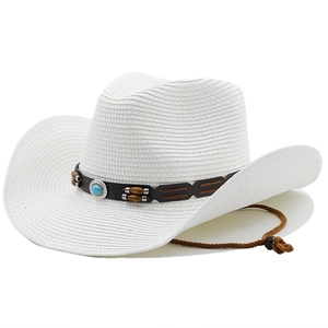 Unisex bohemian witte strooien cowboyhoed met turquoise lederen band en kinbandje