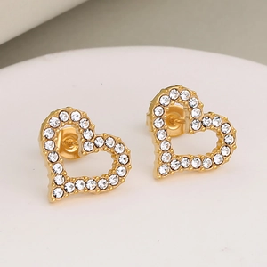 Elegant gold heart stud earrings with sparkling pave-set white crystals for women