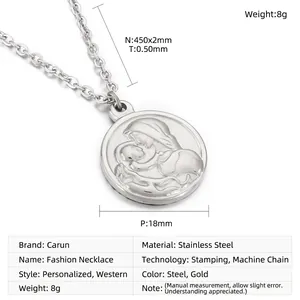 Detailed close-up of a stainless steel necklace with a mother-child embossed pendant