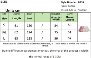 Detailed size chart for the knit crewneck sweater with bell sleeves in centimeters
