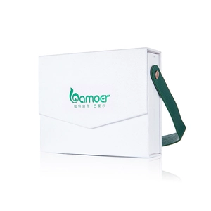 White leather jewelry gift box with green handle and elegant brand logo on plain background
