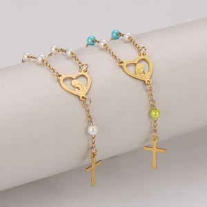 Bracelet religieux en acier inoxydable avec perles, pendentif cœur et breloque croix en or