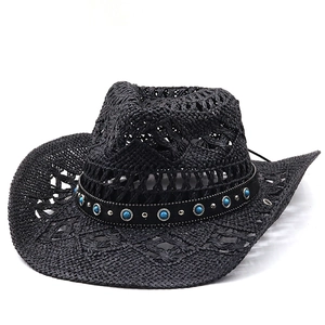 Western Cowboy Straw Hat Wide Brim Sun Protection Breathable With Turquoise Bead And Rivet Decoration
