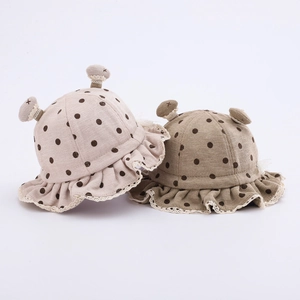 Baby Girls Bucket Hat Polka Dot Lace Trim Ruffle Brim Cotton Blend Sun Protection Cute Ear Decor Infant