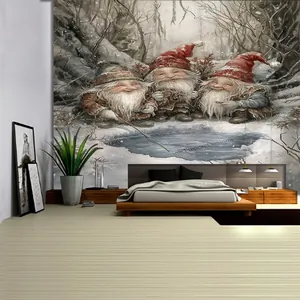 Detail of Christmas wall tapestry featuring three gnomes fishing in a snowy winter landscape
