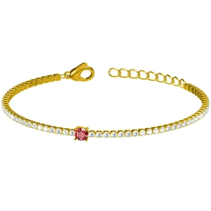 Titanium steel gold tennis bracelet with red gemstone center and clear zircon accents