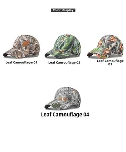 Four styles of leaf camouflage baseball caps in brown, green, autumn, and grey tones